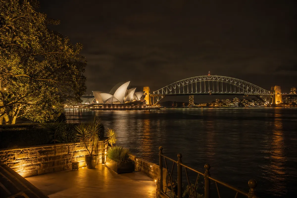Sydney Opera House and Harbour Bridge illuminated at night