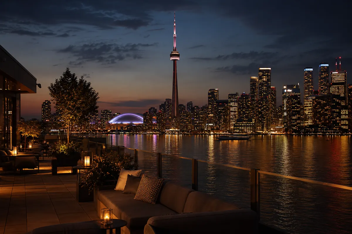 Toronto skyline and CN Tower beside the waterfront at night