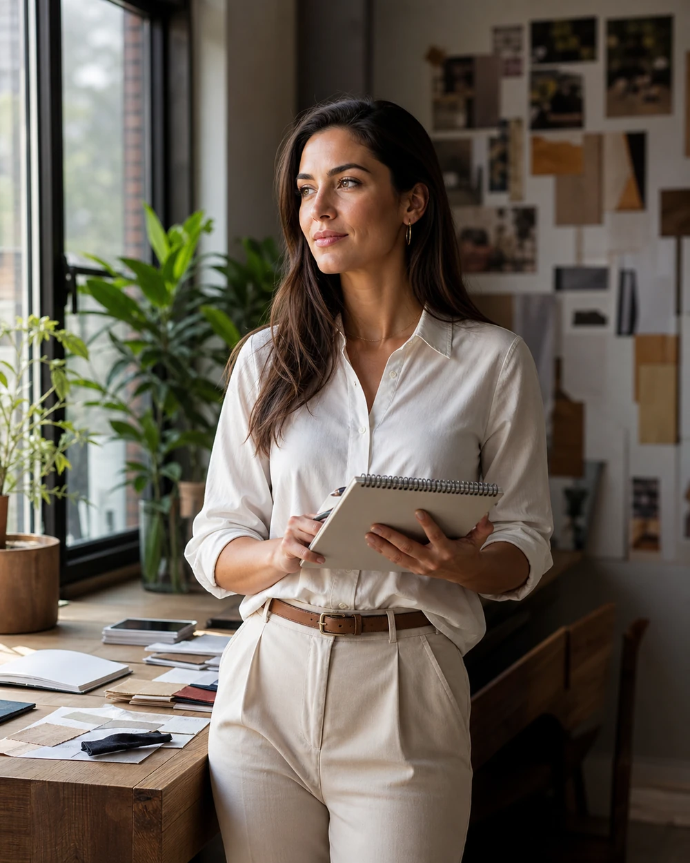 Ambitious woman holding a notebook in a bright creative studio