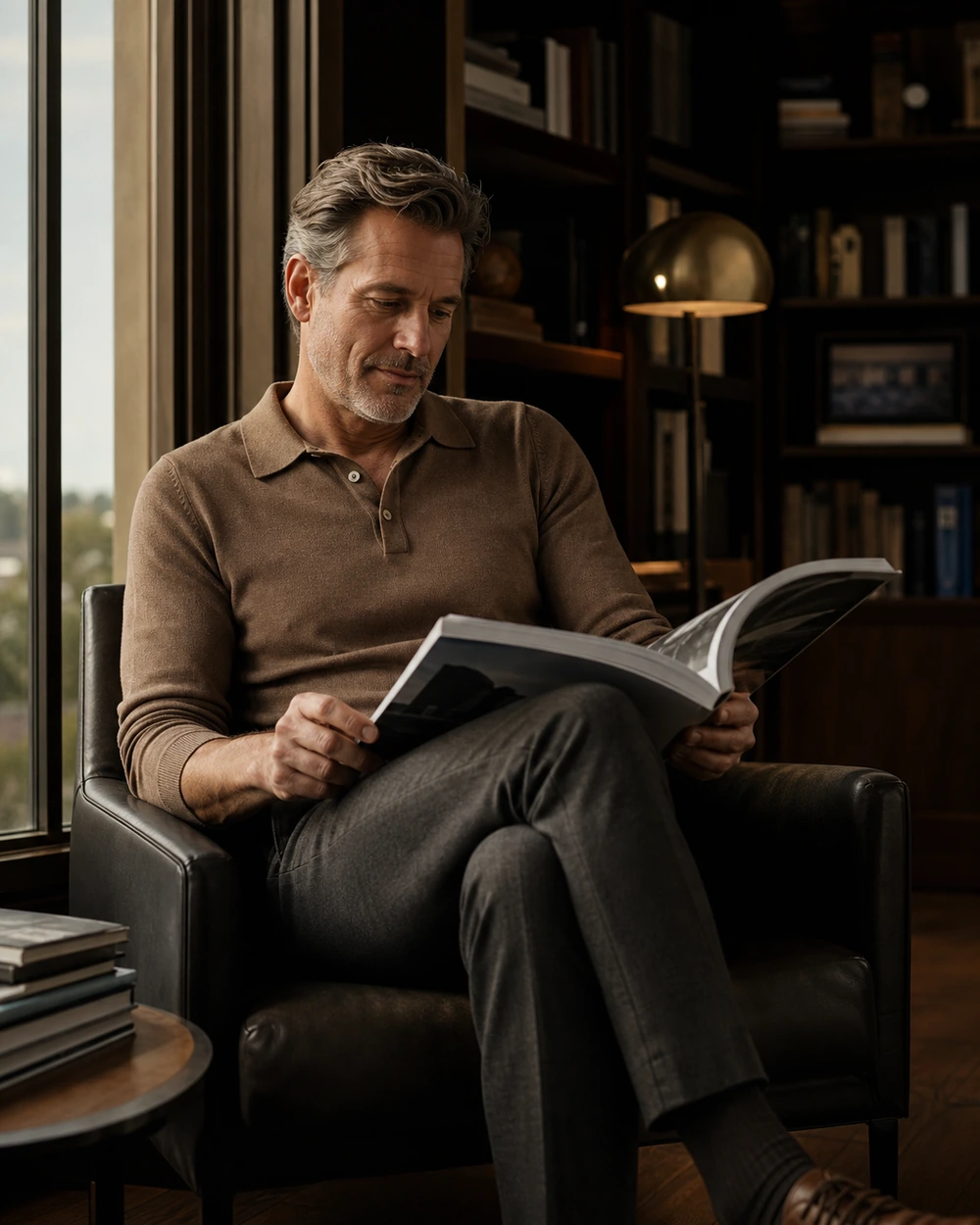 Mature man reading a travel photography book in his home library